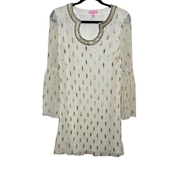Lilly Pulitzer Dress Size 8 White Gold Silk Metallic Beaded Tunic Dress Lilly Pulitzer Dress Size 8 White Gold Silk Metallic Beaded Tunic Dress